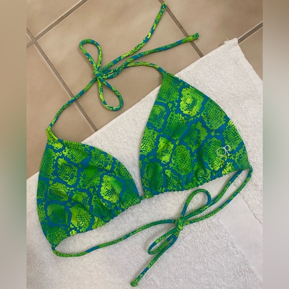 OP Blue and Green Snake Print String Halter Bikini Top - Picture 2 of 11